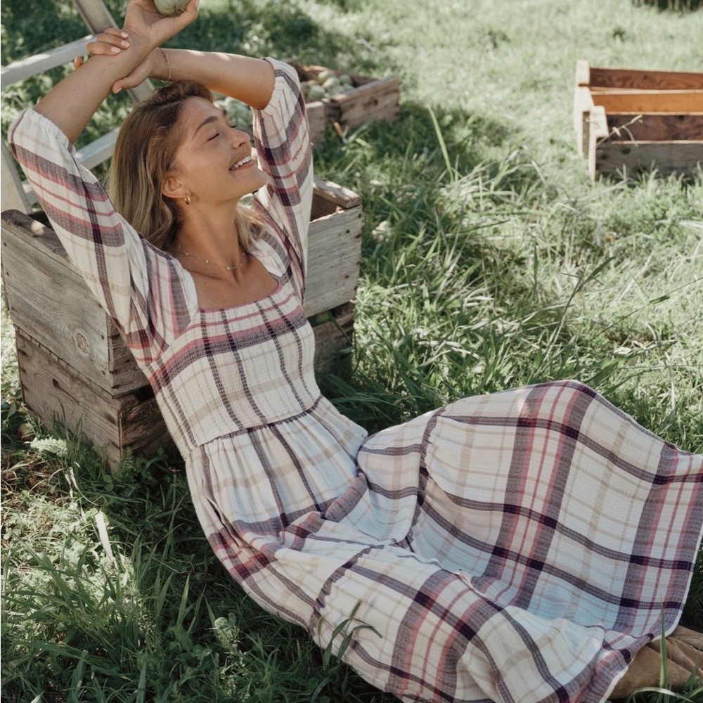 Marine Layer Ivy Smocked Dress Pink Rose Plaid XS